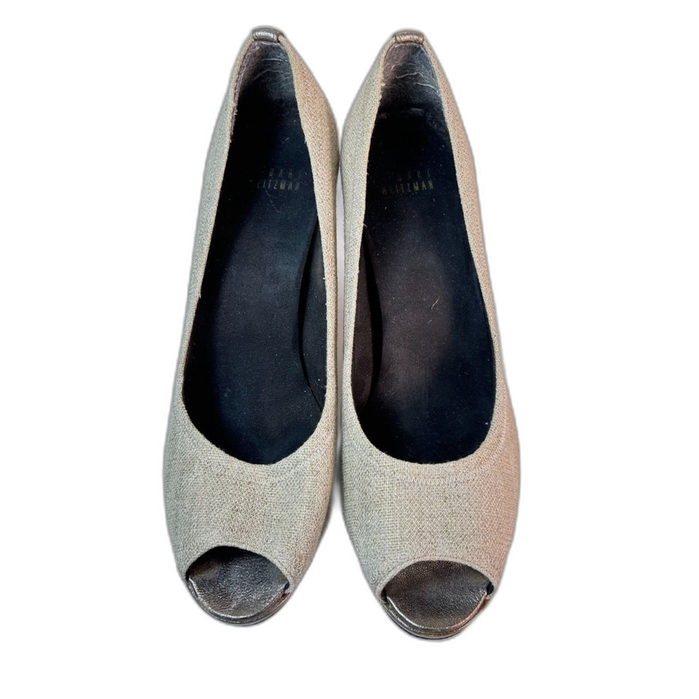Stuart Weitzman Women's Beige Linen Leather Peep-toe High Heel Pump Size 11 - Picture 3 of 16